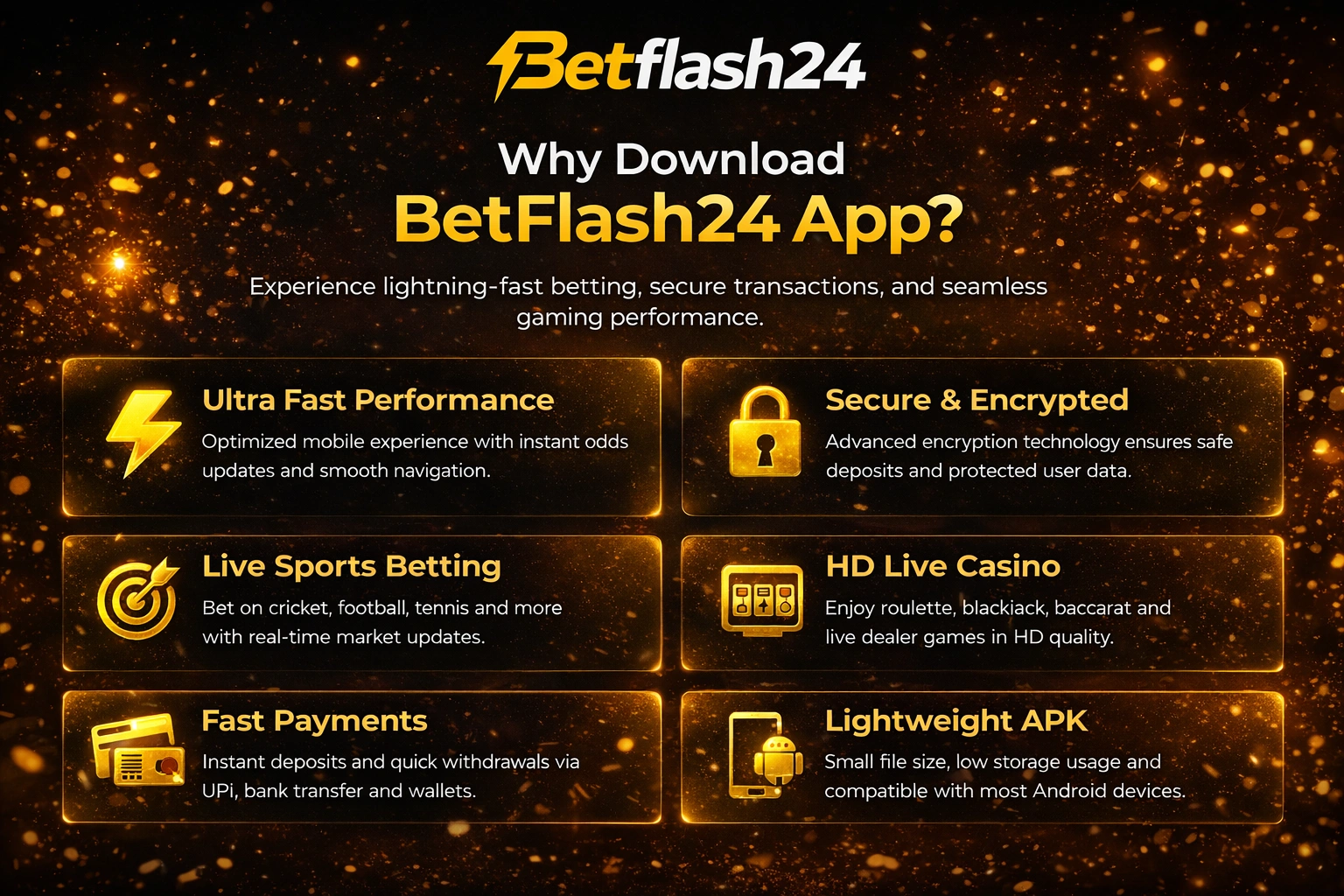 BetFlash24 App features including secure betting, live sports and HD casino