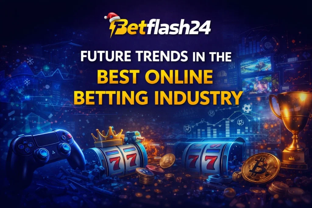 Future trends in best online betting with Betflash24 logo, gaming controller, crypto coin and casino elements