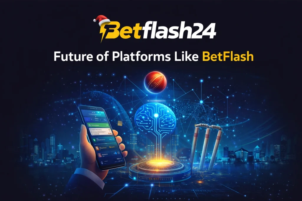 Future of BetFlash Cricket ID platforms with logo showing AI technology mobile access and real-time cricket updates
